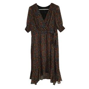 SALONI Midi Dress Size 0 Floral Print Ruffle Flare Puff Sleeves Tie Waist Slit
